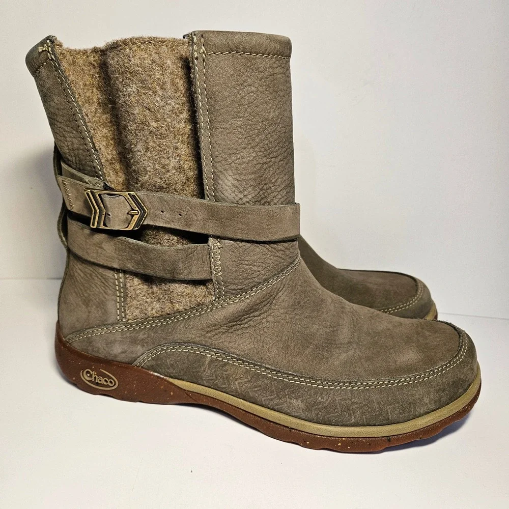 Chaco Hopi Sandstone Womens 8 Leather Wool‎ Mid Calf Buckle Boots Taupe
